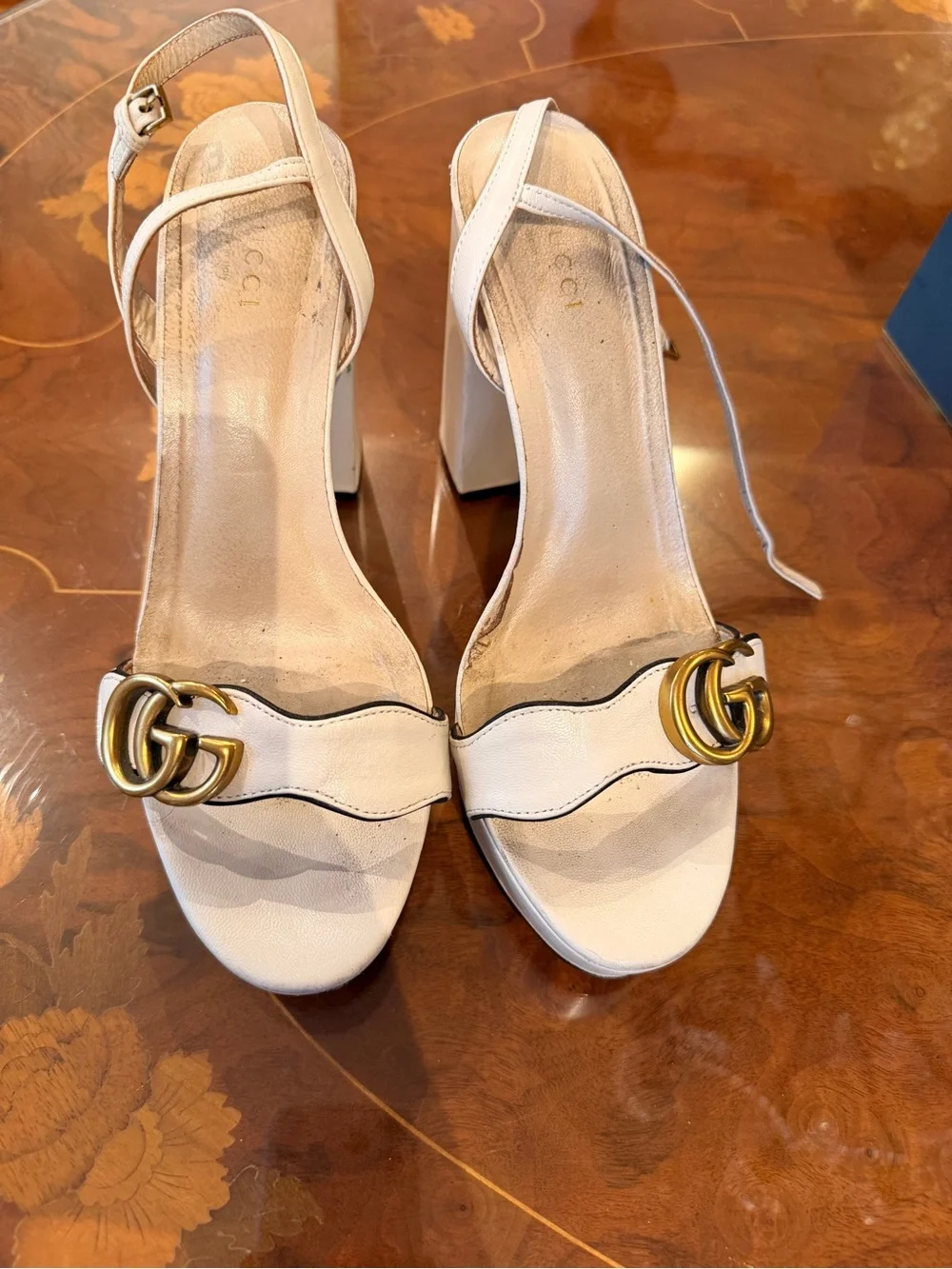 Gucci Cream Leather Block Heel Sandals with Gold Double G Sz 9.5